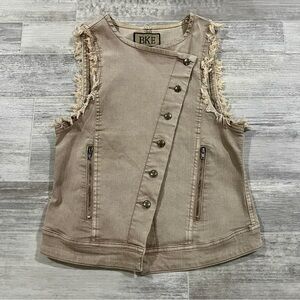 BKE Button Closure Zipper Pocket Denim Tan Hooded Vest Size Small. No‎ Hood*